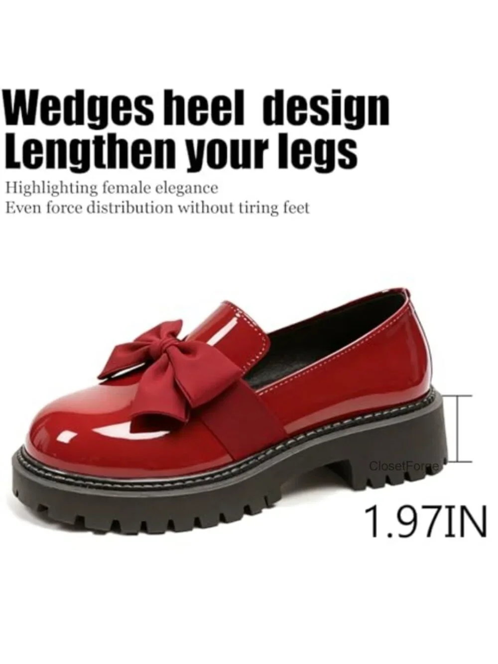 Patent Leather Chunky Heel Bow Loafers Round Toe Platform Non-Slip Lug Sole